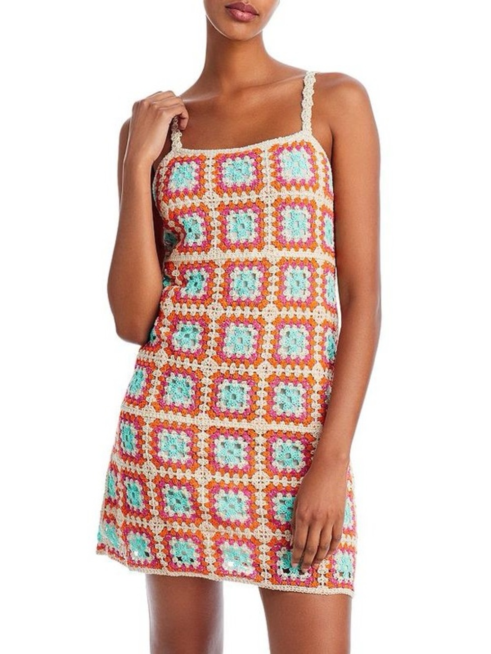 Aqua Crochet Square-Motif Mini Coverup in Turquoise, Coral & Cream